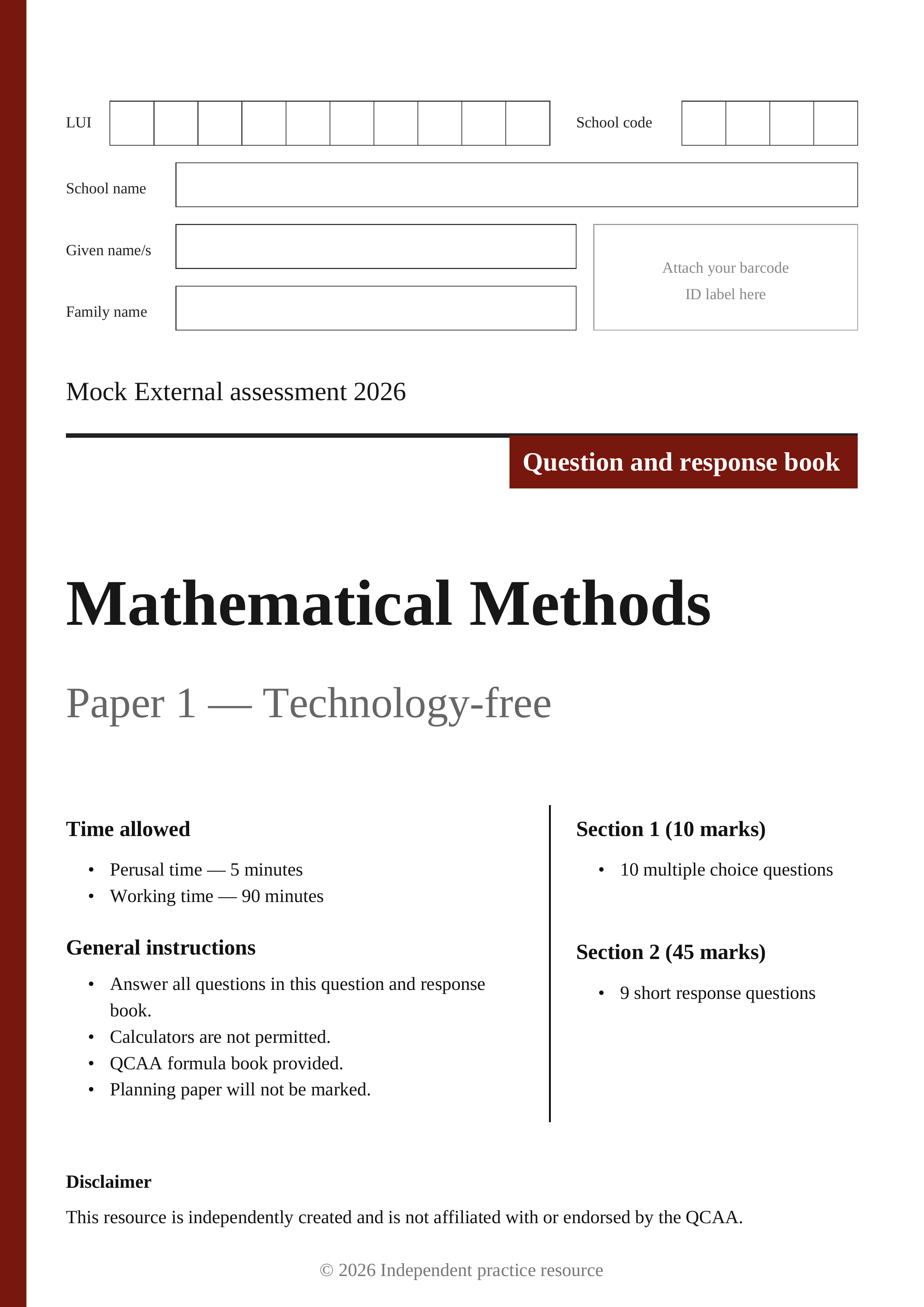 Mathematical Methods Mock External Examination 2026 cover