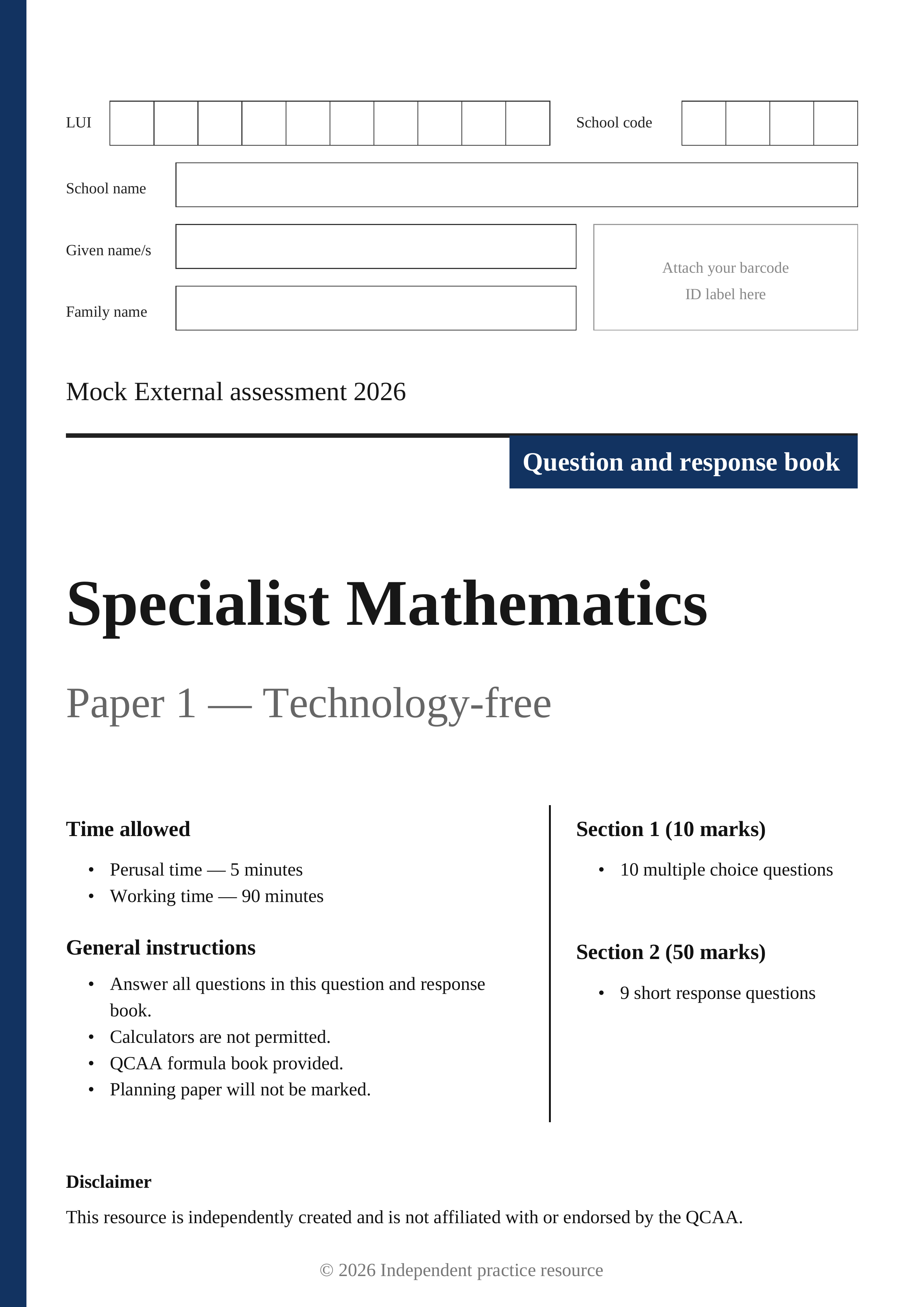 Specialist Mathematics Mock External Examination 2026 cover