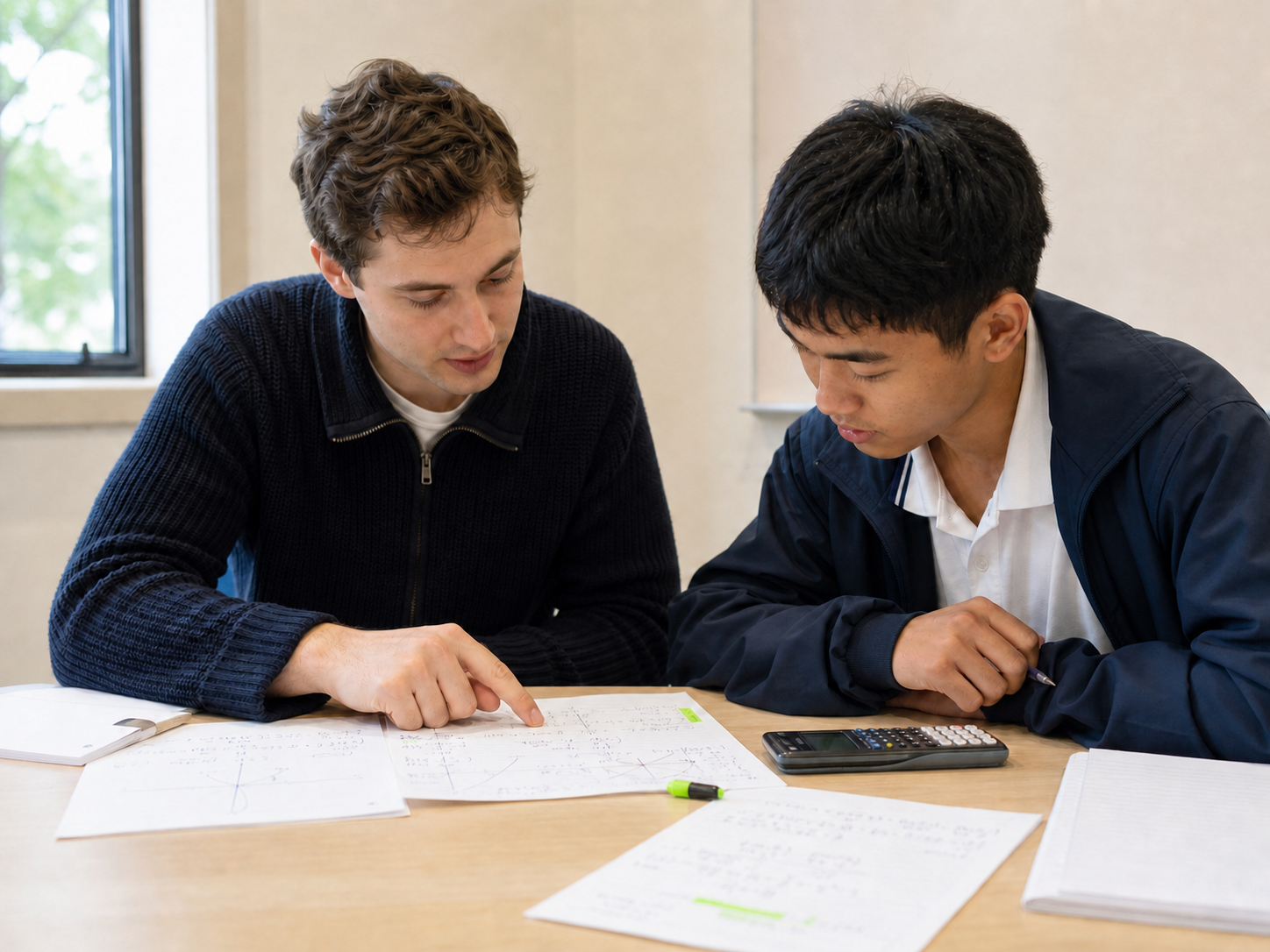A senior student and tutor reviewing a mathematics solution together